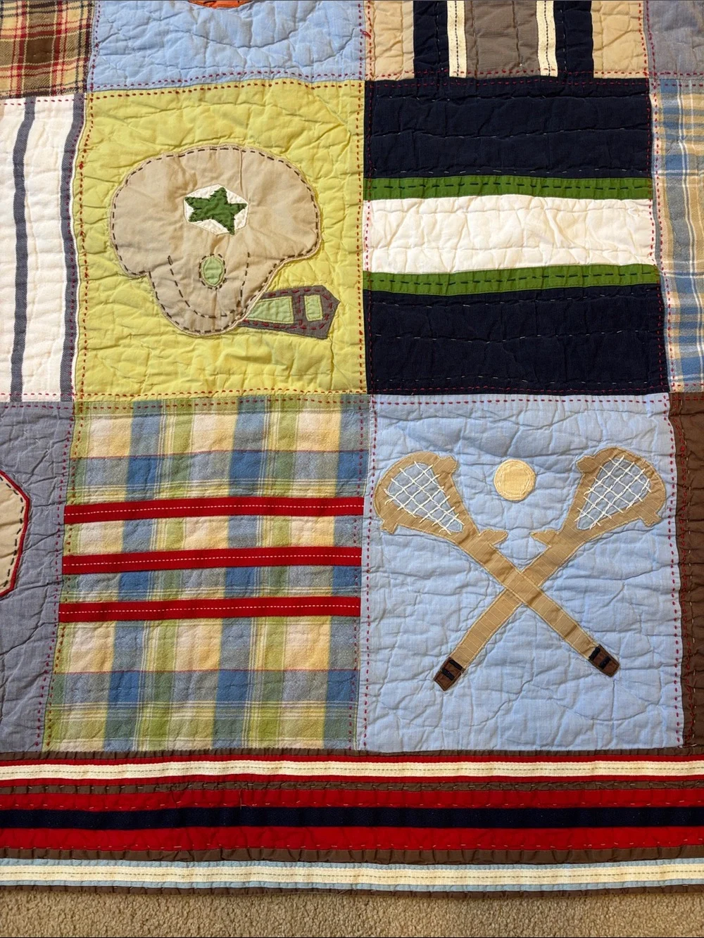 Pottery Barn Teen Sports Patchwork Quilt - Navy, Brown, Green, Red, Blue, Tan